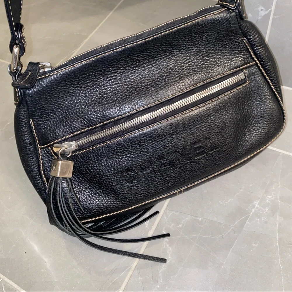 CHANEL Black Leather Fringe Handbag